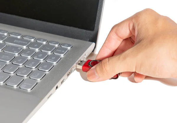 A man plugs a thumb drive into a laptop to copy the data on isolate white background.