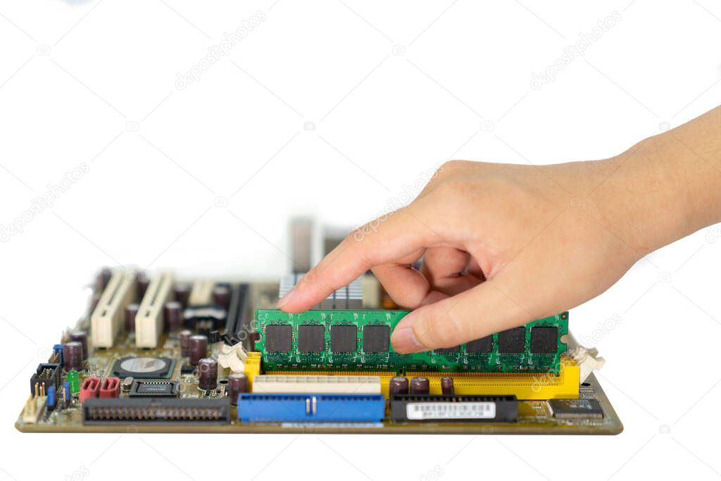 Install ram on mother board for build computer desktop, isolate white background.
