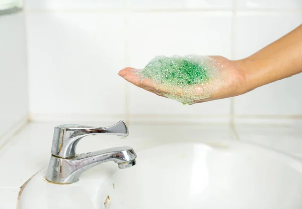 Green Soap Young Man White Sink — Stock Photo, Image