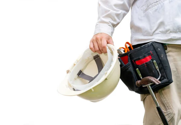Construction Worker Close Tool Belt Safety Helmet Isolated White Background — Stock Photo, Image