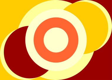 Pop sanat tarzı poster arka planında daire şekilleri ve parlak sarı, turuncu ve katı kırmızı tuğlalar karışımı..