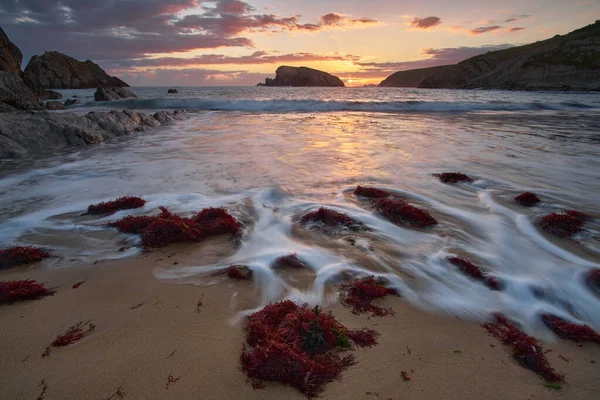 Beautiful orange sunrise with silky waters on Arnia beach in Liencres, Cantabria