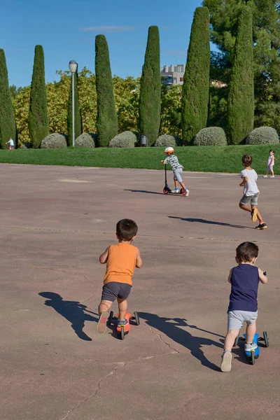 Niños Pequeños Corriendo Por Parque Juntos Patinete Scooter —  Fotos de Stock