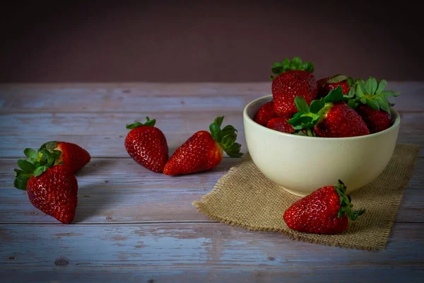 Strawberries Bowl Top Wooden Table — Stock Photo, Image