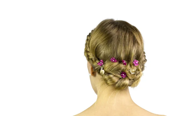 Ups weep hairstyle with some decorative flowers. — Stock Photo, Image