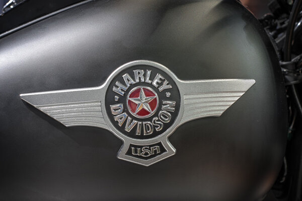 Close up fuel tank of motorcycle Softail Fat Boy Special 