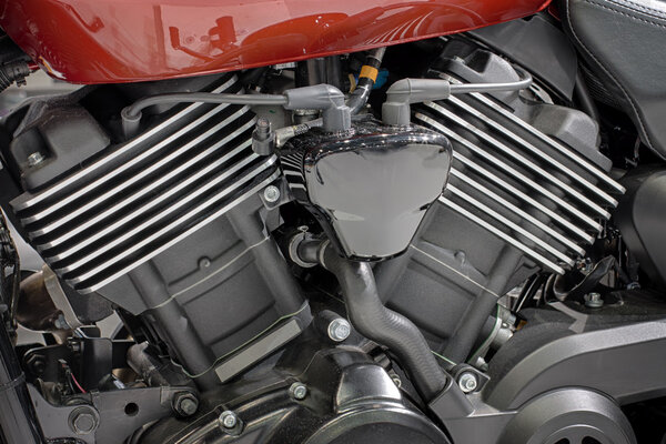 Detail of liquid cooled V-twin engine of motorcycle