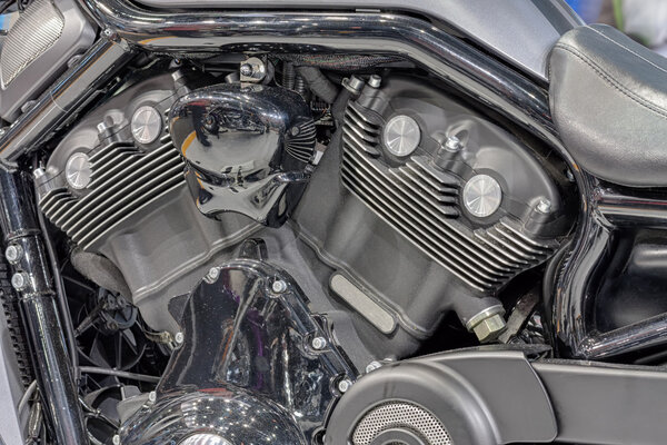 Detail of liquid cooled engine of motorcycle