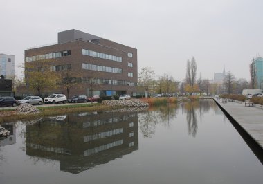 Ofis merkezi park ve balık stoklanmış Gölü ile.