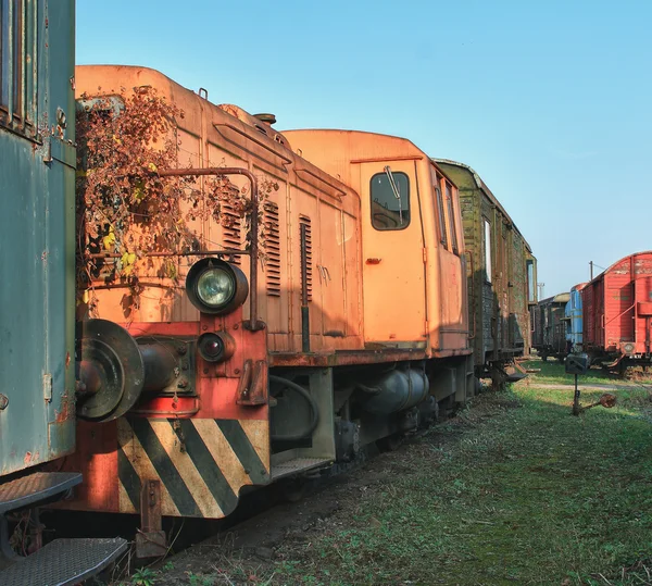 Viejos trenes abandonados en el depósito en un día soleado — Foto de Stock