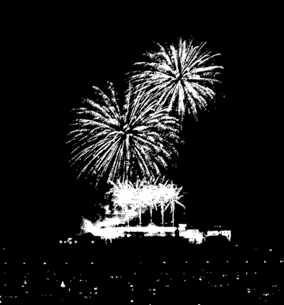 Fireworks over a  city  black  white vector — Stock Vector