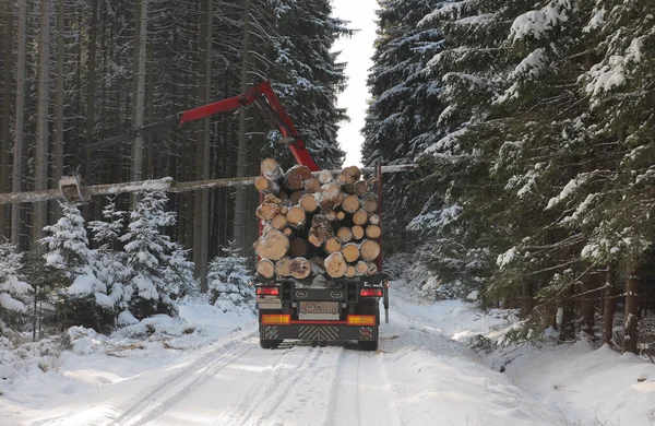 Camión con tronco en carretera en el bosque en invierno —  Fotos de Stock