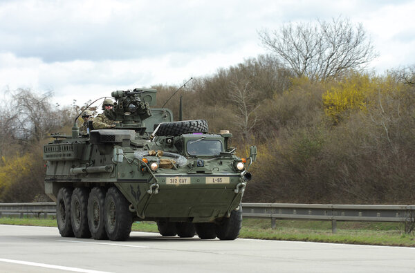 BRNO, CZECH REPUBLIC-MARCH 30,2015: Dragoon Ride-US army convoy drives on March 30,2015 through Brno, returns from the Baltic countries to a German base, enters the territory of the Czech Republic
.