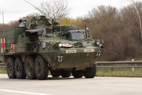 BRNO, CZECH REPUBLIC-MARCH 30,2015: Dragoon Ride-US army convoy drives on March 30,2015 through Brno, returns from the Baltic countries to a German base, enters the territory of the Czech Republic
.