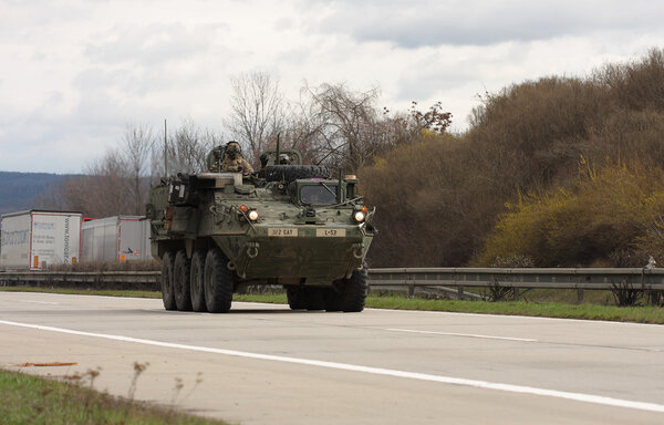 BRNO, CZECH REPUBLIC-MARCH 30,2015: Dragoon Ride-US army convoy drives on March 30,2015 through Brno, returns from the Baltic countries to a German base, enters the territory of the Czech Republic
.
