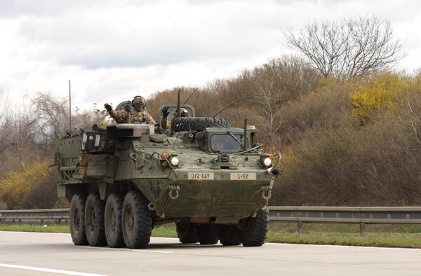BRNO, CZECH REPUBLIC-MARCH 30,2015: Dragoon Ride-US army convoy drives on March 30,2015 through Brno, returns from the Baltic countries to a German base, enters the territory of the Czech Republic
.