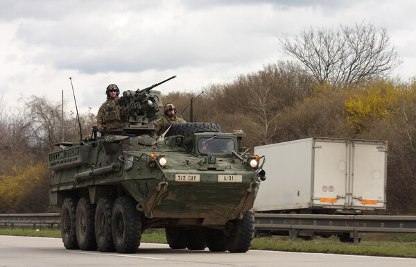 BRNO, CZECH REPUBLIC-MARCH 30,2015: Dragoon Ride-US army convoy drives on March 30,2015 through Brno, returns from the Baltic countries to a German base, enters the territory of the Czech Republic
.