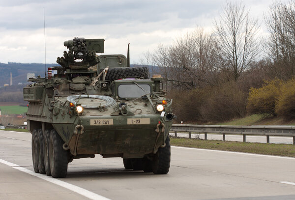 BRNO, CZECH REPUBLIC-MARCH 30,2015: Dragoon Ride-US army convoy drives on March 30,2015 through Brno, returns from the Baltic countries to a German base, enters the territory of the Czech Republic
.