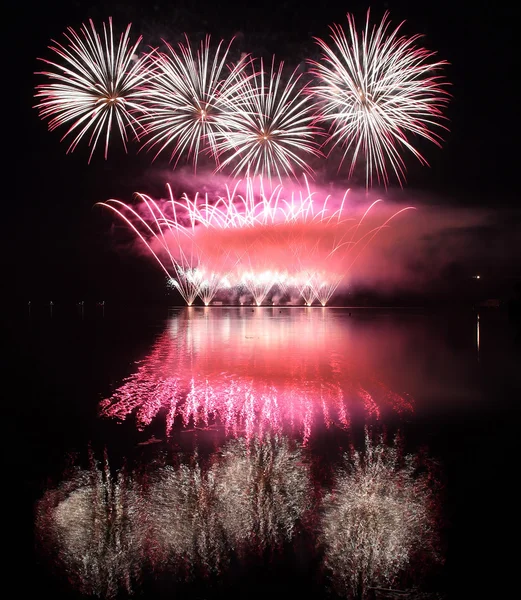 Farbenfrohes Feuerwerk mit Spiegelung am See. — Stockfoto