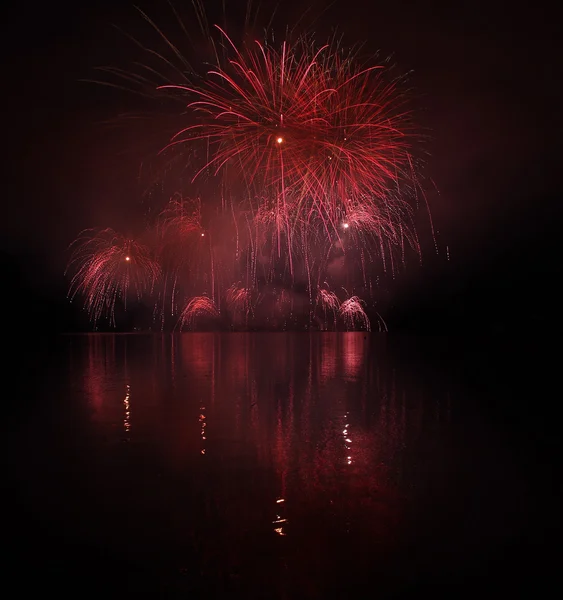 Fuegos artificiales coloridos con reflexión sobre el lago . — Foto de Stock