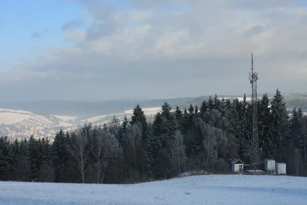 Телевизионный передатчик на краю леса утром в январе — стоковое фото