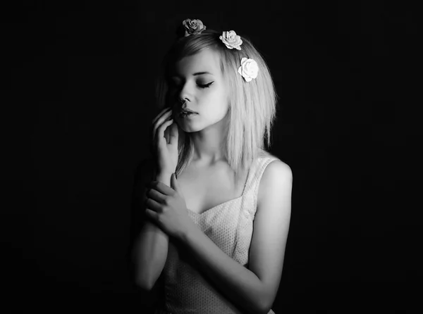 Black and white emotional portrait of young girl in the dark — Stock Photo, Image