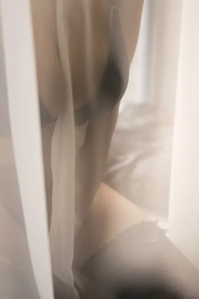 Τέλειο σχήμα σιλουέτα του κρυψίματος στην τούλι κομψό ελκυστική νεαρή κοπέλα φορώντας εσώρουχα ή μπικίνι διασκεδάζοντας ευτυχισμένη χαλάρωσης πέρα από το παράθυρο φως αντίγραφο χώρου υπόβαθρο — Φωτογραφία Αρχείου