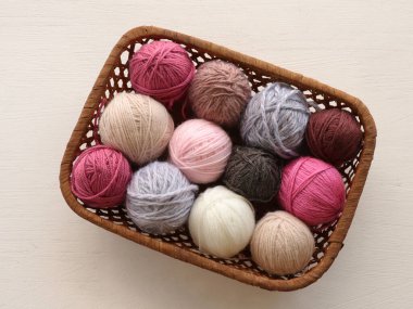 Beyaz arka planda sepetin içinde renkli iplikler. El işi konsepti