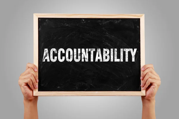 Hands Holding Small Blackboard Text Accountability Gray Background — Stock Photo, Image