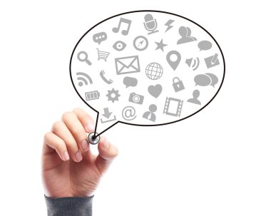 Sosyal medya kavramı beyaz tahta işadamı ile el çizimi