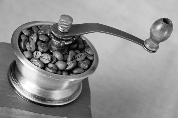 Grano de café de cerca y molinillo de café — Foto de Stock