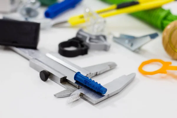 Closeup building instruments on the white background