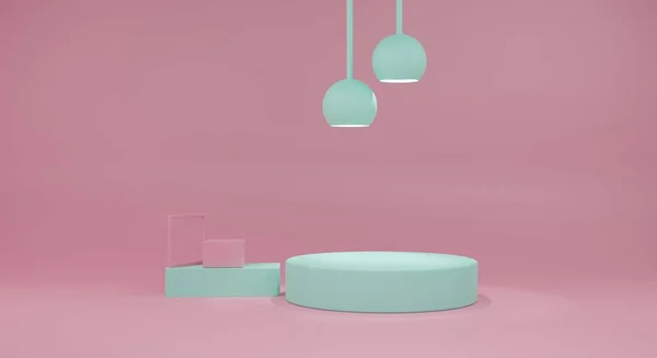 Pembe arka planda mavi ve pembe podyum 3D yapılmış. Ürün 3d hazırlama için boş podyum