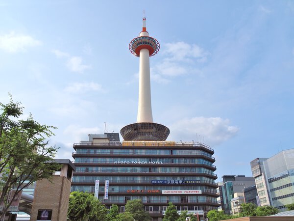 Front view of Kyoto Tower, a landmark of Kyoto.