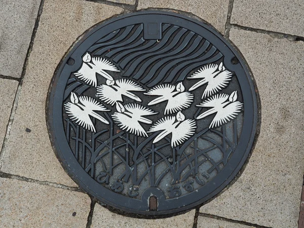 Tapa del desagüe de la alcantarilla en la calle Himeji, Japón . — Foto de Stock