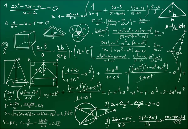 Τσαλκ Μουτζούρες Πίνακα Μαθηματικών Μαύρη Σανίδα Φόρμουλες Σχήματα Γεωμετρία Έννοια — Φωτογραφία Αρχείου