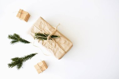 Beyaz arka planda Noel ağacı dalı olan hediye kutusu.