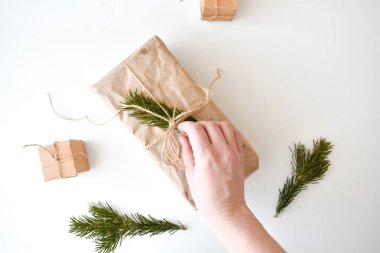 Beyaz arka planda Noel ağacı dalı olan hediye kutusu.