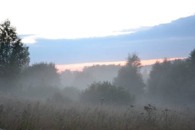 Gün batımında sel ovasının üzerinde sis var. 