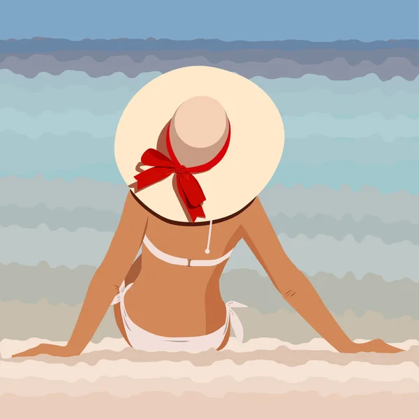 Fille Dans Chapeau Assis Sur Plage Avec Son Dos — Image vectorielle