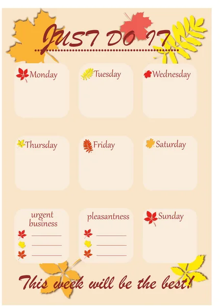 Planejador Semanal Com Textos Motivacionais Com Folhas Outono — Fotografia de Stock