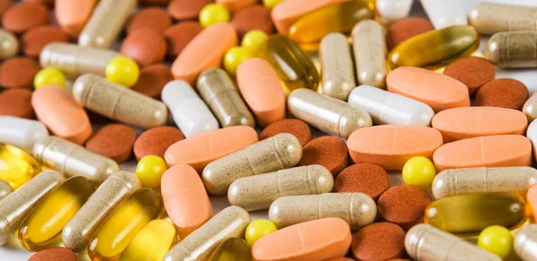 Muchos Diferentes Medicamentos Coloridos Pastillas Arriba Fondo Tabletas — Foto de Stock