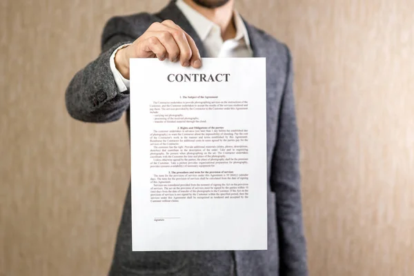 Picture Man Hands Holding Contract Random Text Business Concept — Stock Photo, Image