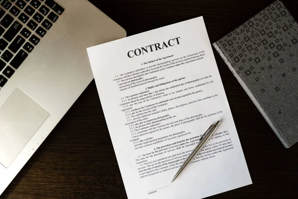 Top View Laptop Computer Contract Planner Silver Ballpoint Pen Wooden — Stock Photo, Image