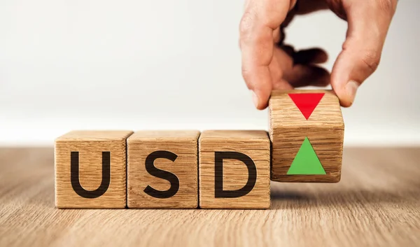 Amerikan dolarının değerini değiştirme kavramı. El zarları çeviriyor ve okun yönünü değiştiriyor..