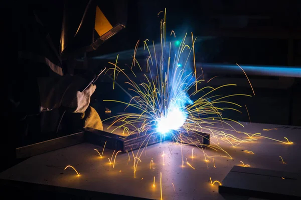 Metal Welder Working Arc Welding Machine Weld Steel Factory While — Stock Photo, Image