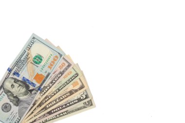 Görsel para ve finans kavramı ve ABD dolarları. Temiz beyaz arkaplan, ticari, reklamcılık veya editoryal kullanım için mükemmel