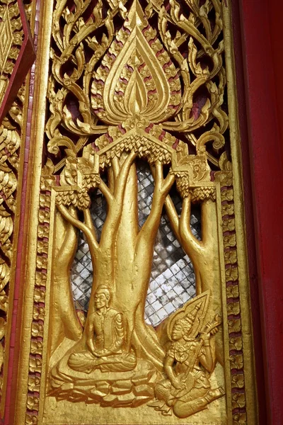 Escultura em madeira Thai Buddha história arte — Fotografia de Stock