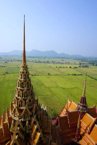 На вершине храма Будды на фоне рисового поля — стоковое фото