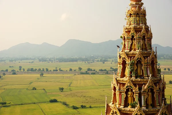 Topo do templo de Buda com fundo de campo de arroz — Fotografia de Stock